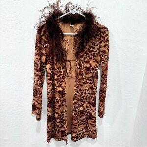 Y2K Bella Leopard Print Cardigan Faux Fur Collar Women’s Medium Mobwife Glam Vtg